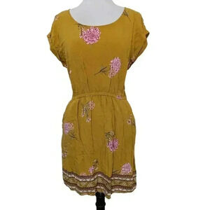 Pink Rose Mustard Yellow Floral Dress With Pockets Size Large
